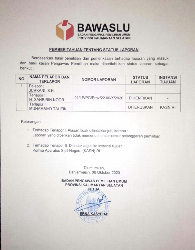 Surat Rekomendasi Bawaslu Kalsel Ke Komisi ASN