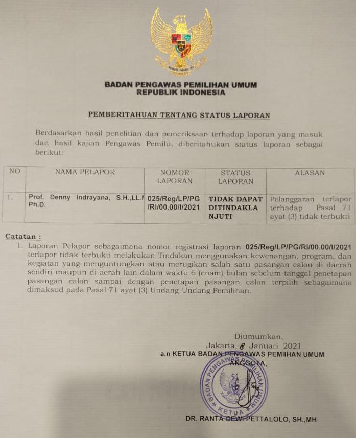 Putusan Bawaslu RI Atas Laporan Denny Indrayana