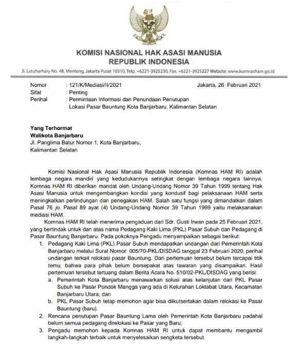 Surat Komnas Untuk Pemko Banjarbaru