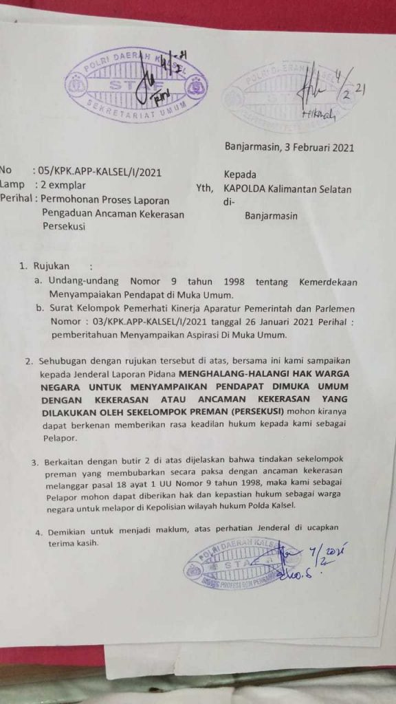 Laporan Polisi Ke Polda Kalsel