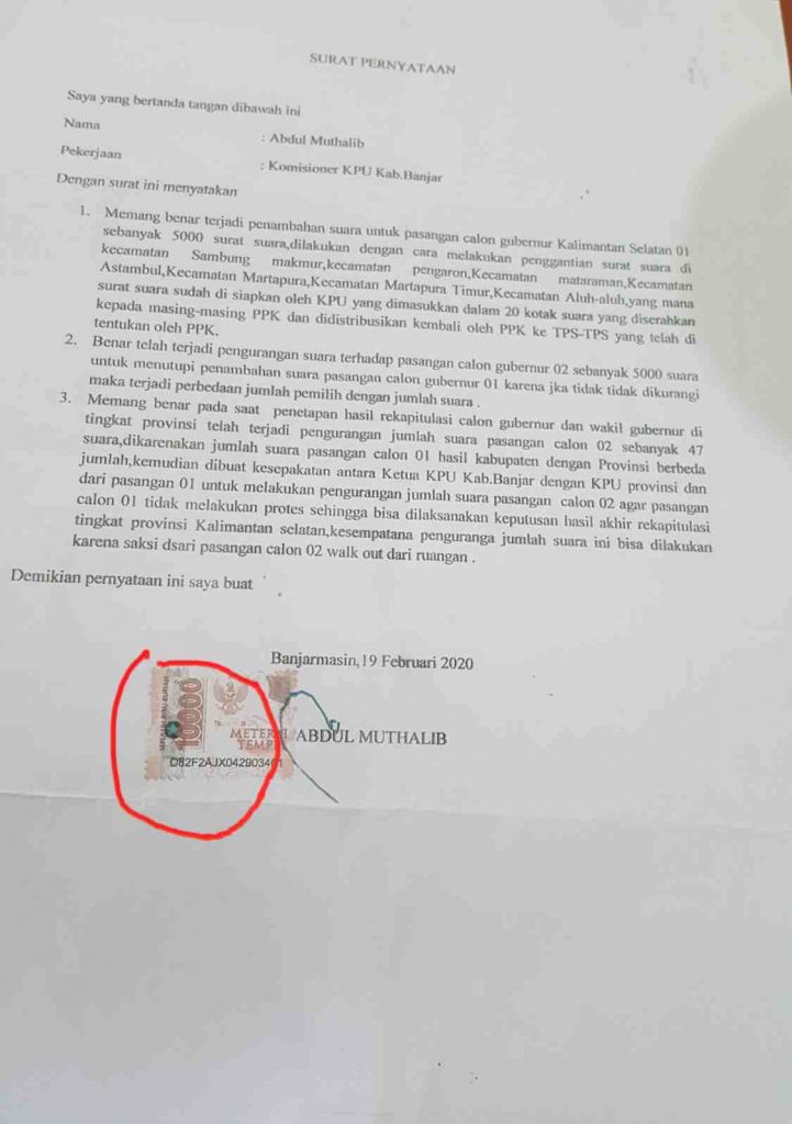 Surat Pernyataan yang saksi H2D serahkan ke MK