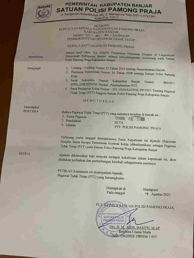 Surat Pemecatan Terhadap Oknum Anggota Satpol PP Banjar, TF